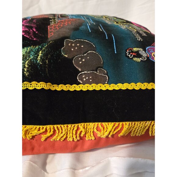 VTG Velvet Japanese Souvenir Pillow With Fringe Map Retro 70's Bohemian - Picture 7 of 9